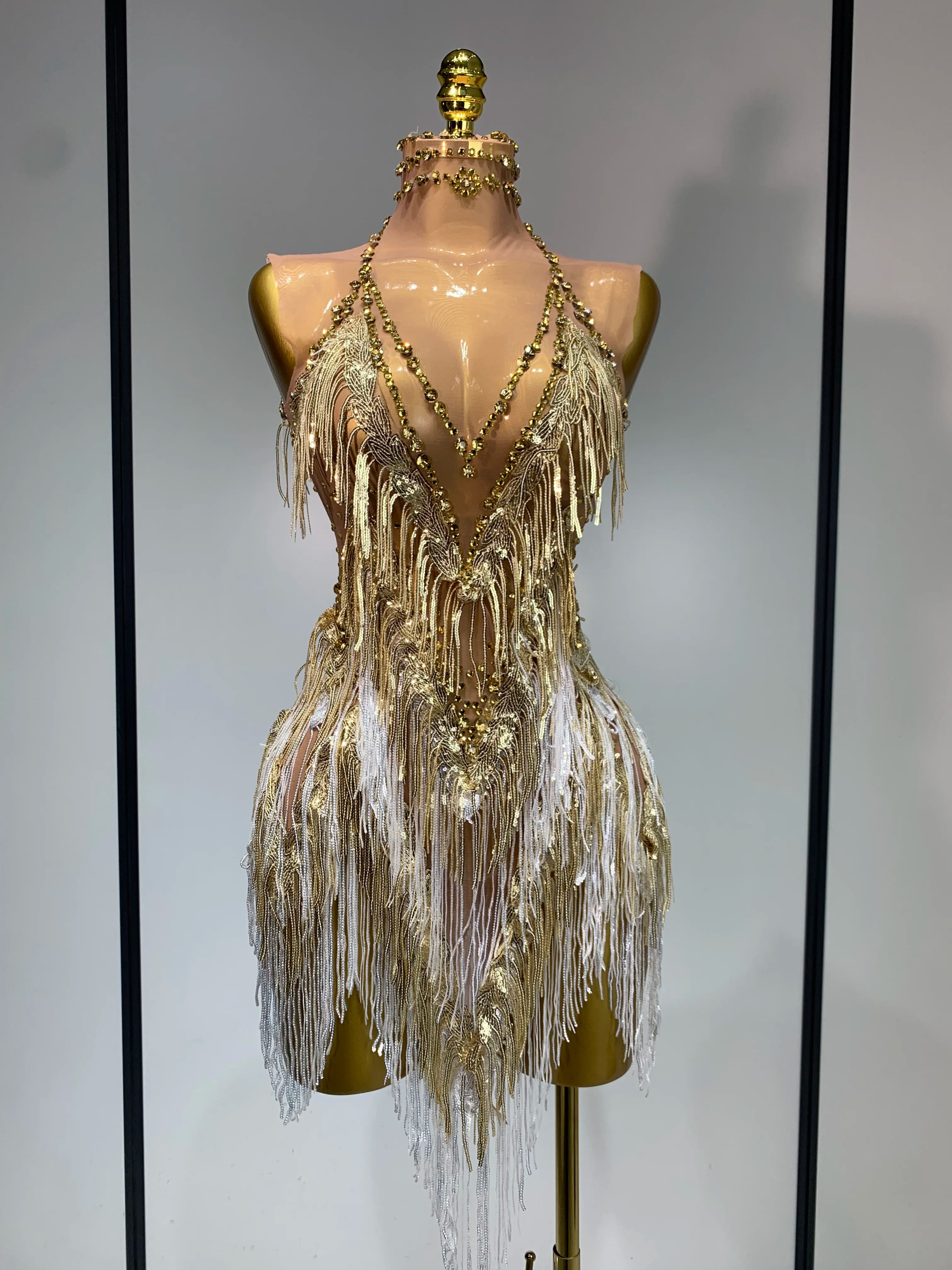 Luxury Rhinestone Tassel Sexy Women Short Latino Dance Dress Birthday Nightclub Bar Sleeveless Sparkly Performance Stage Outfit