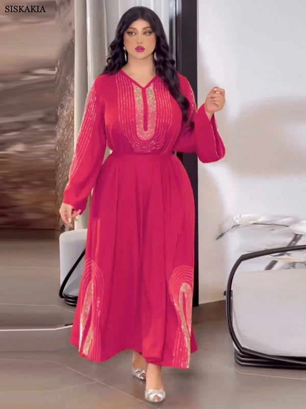 Fashion Belted Party Diamonds Long Dress Jalabiyat Ramadan Kuwaiti Women Abayas Long Sleeve V-Neck Elegant Islam Kaftan