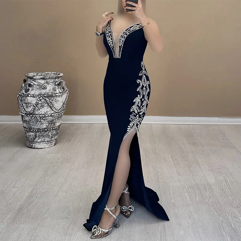 Top Quality Women Shinning Crystal Strapless Off the Shoulder Bodycon Long Bandage Dress Elegant Evening Party Birthday Outfit