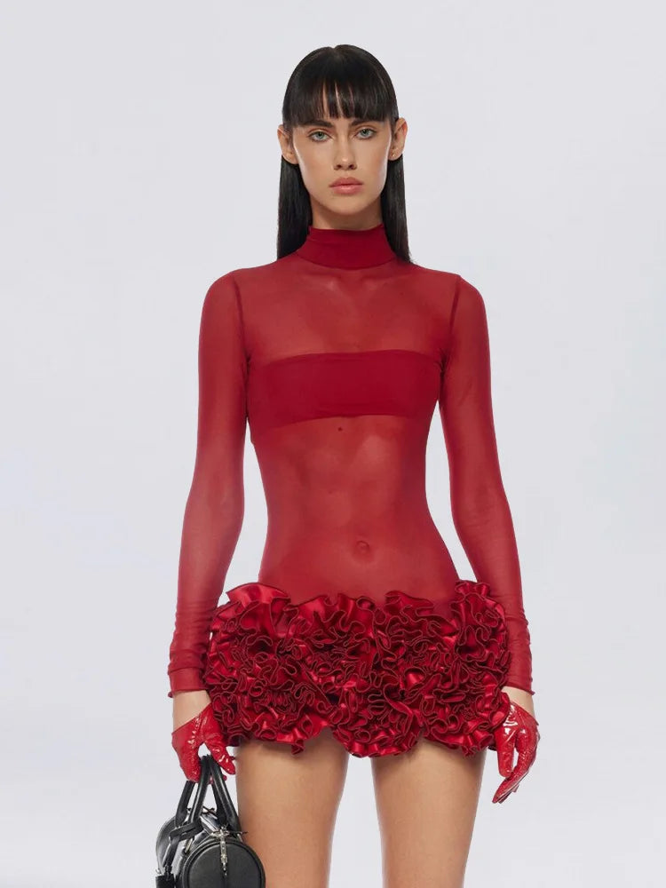 White Red Color Women Sexy Long Sleeve Mesh Bodycon Mini Bandage Dress Florals Celebrate Nightclub Party Birthday Outfit