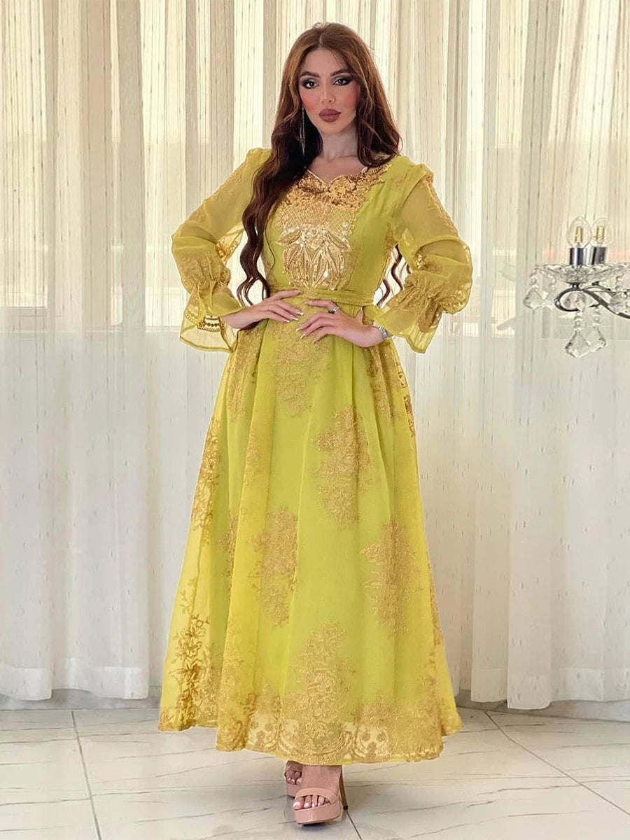 Muslim Evening Dress for Women Arab Dubai Moroccan Kaftan Chic Mesh Sequins Applique Embroidery Party Abaya Eid al-Adha Light Yellow Dress