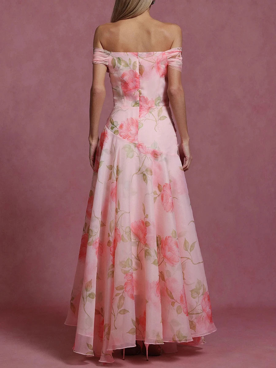 TWOTWINSTYLE Printing Spliced 3D Flower Elegant Dresses for Women Slash Neck Off Shoulder Patchwork Fungus Folds Dress Female