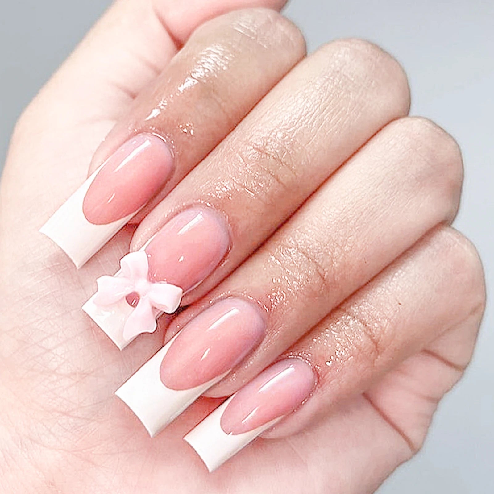 Black French Tips Press on Nails 3D White Bowknot Alloy Stars Designs Fake Nails Ballet Charms False Nails Korean Manicure 24Pcs