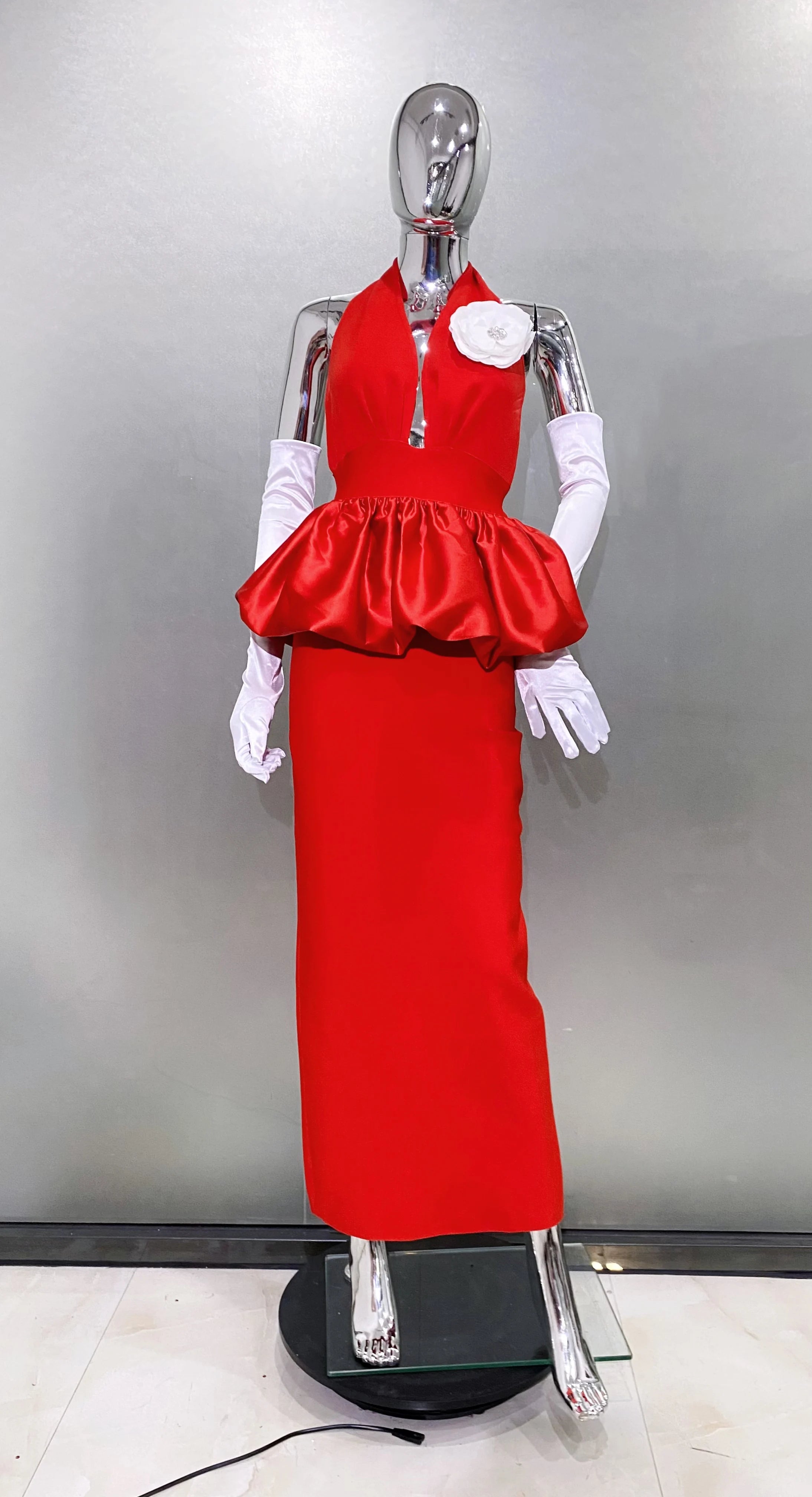 2025 New Red Color Women Sexy Halter Backless Bodycon Long Bandage Dress Gloves Celebrate Performance Costume Stage Wear