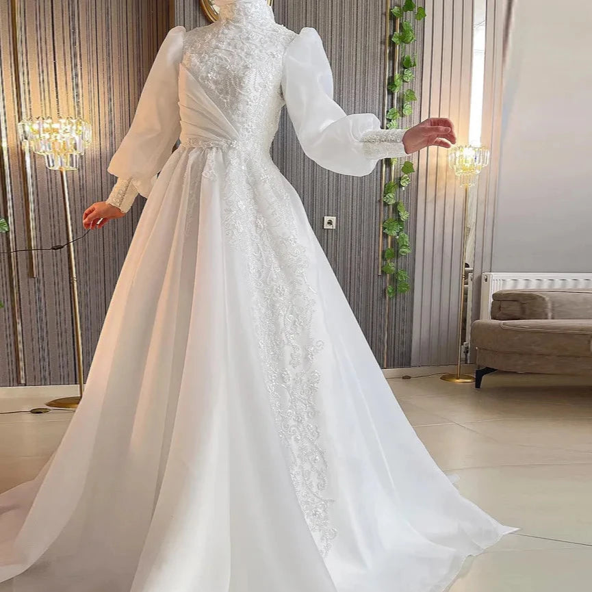 Modest High Neck Lace Hijab Wedding Gown for Bride A-Line Long Sleeves Muslim Bridal Dresses Islamic Robe De Mariée WHITE