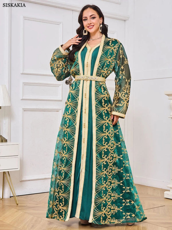 Moroccan Abaya Woman Muslim Dubai Luxury Mesh Belt Embroidery Kaftans 2 Piece Suit Islamic Long Dresses