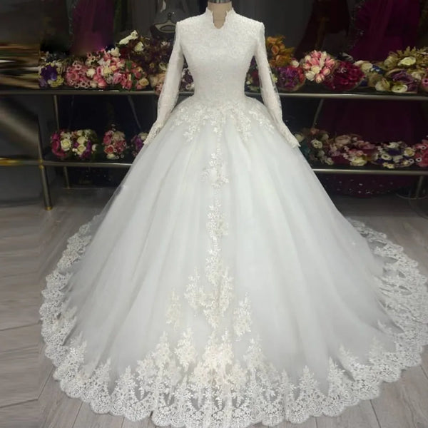 Lace Long Sleeves Muslim Wedding Dresses For Bride Moroccan Caftan Ball Gown Appliques Bridal Dress Vestido De Novia Custom