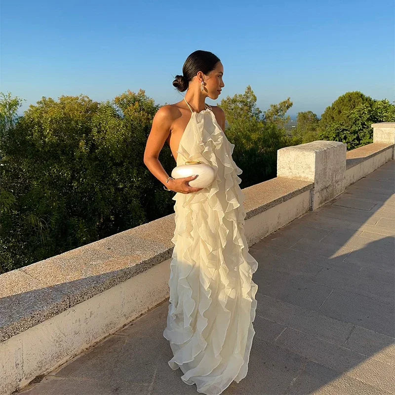 Sexy Ruffles Backless Long Dress Women Y2K Off Shoulder Lace Up Sleeveless White Dresses 2025 Summer Beach Party Loose Robes