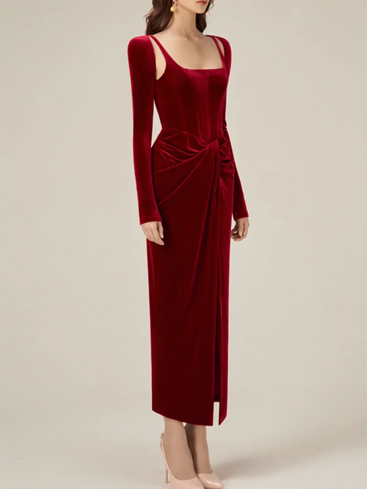 TWOTWINSTYLE Solid Patchwork Folds Elegant Dresses For Women Square Collar Long Sleeve High Waist Split Slimming Dress Female