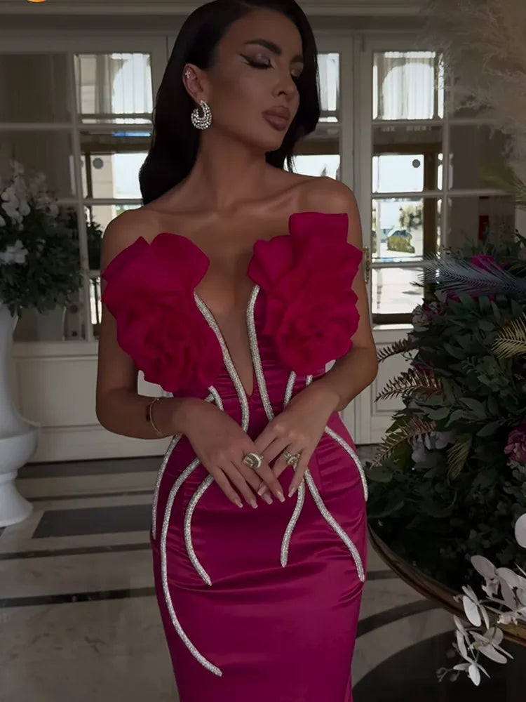 Women Celebrity Sexy Strapless Backless Beading Diamonds Pink Maxi Long Bandage Dress Elegant Evening Club Party Dress