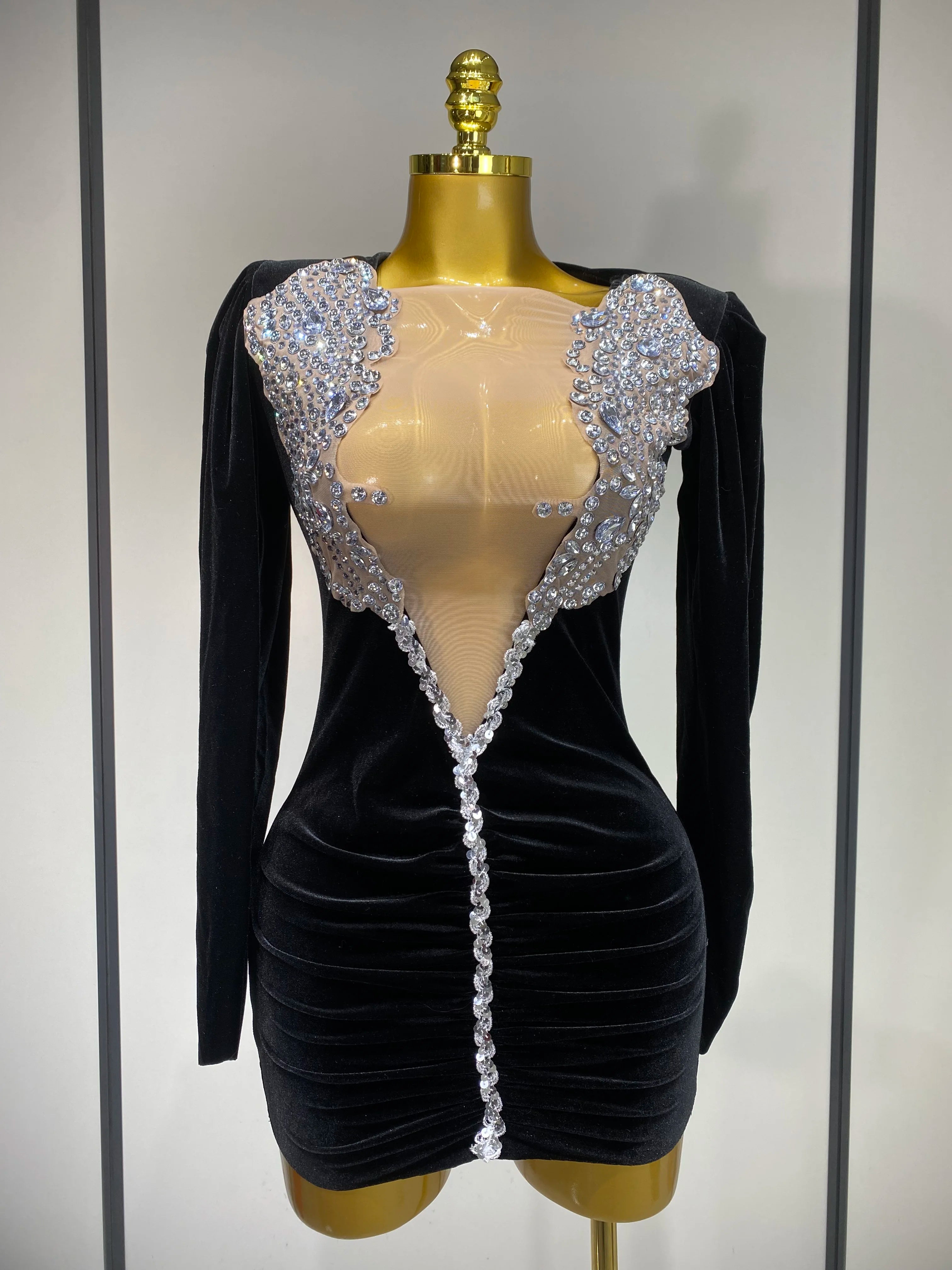 Luxury Birthday Dress Sparkly Crystals Sexy Mesh Velvet Short Dress 2025 Women Elegant Evening Party Nightclub Stage Costume