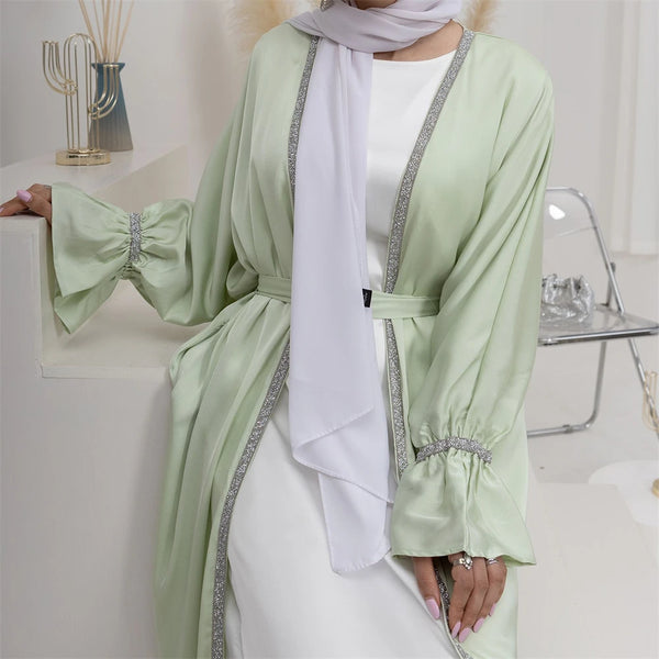 2 Piece Matching Open Abayas with Inner Dress Set Luxury Diamond Turkey Arabic Kimono Muslim for Women Dubai Islam Outfit Caftan