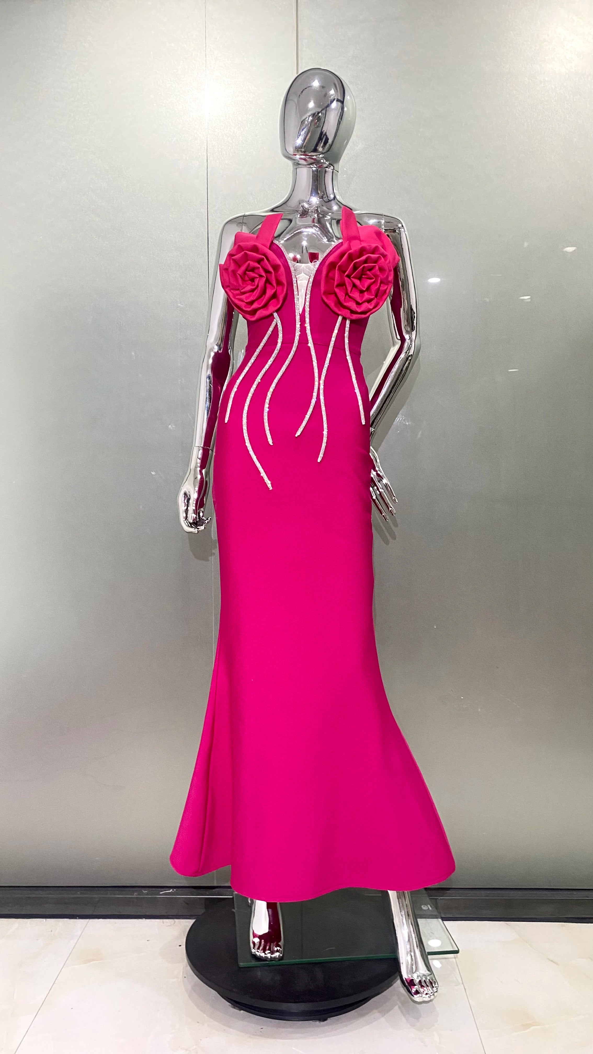 Rosered Color Women Sexy Strapless Florals Bodycon Long Bandage Dress Fashion Celebrate Nightclub Party Birthday Dress