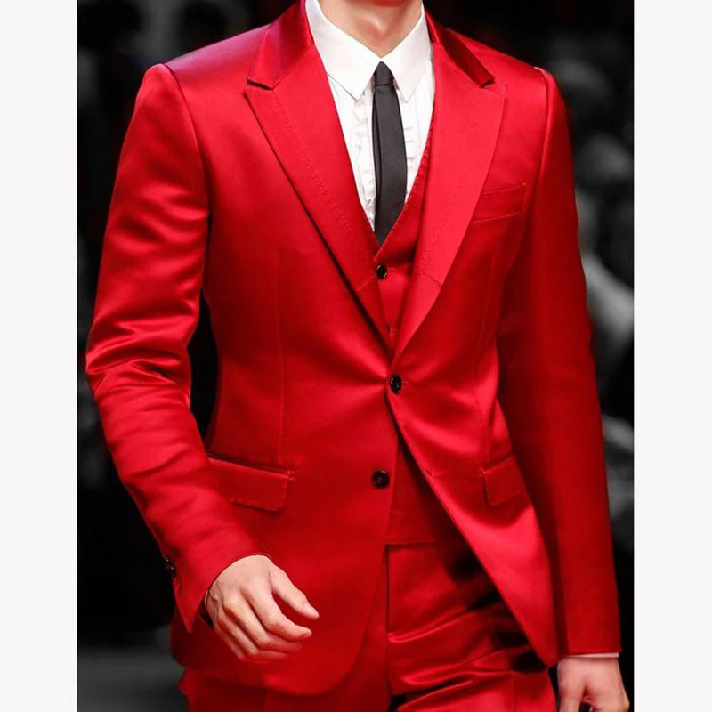 Slim Fit Red Men Suits for Prom Singer Stage 3 Piece Satin Wedding Groom Tuxedo Male Fashion Jacket Waistcoat with Pants 2023