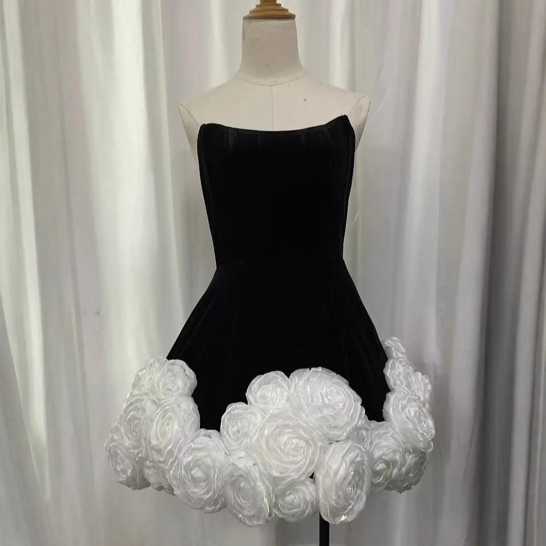 Black Red Women Sexy Strapless Velvet Ball Gown Mini Cute Dress Birthday Party Girls' Date Photo Shoot Outfit Vestido