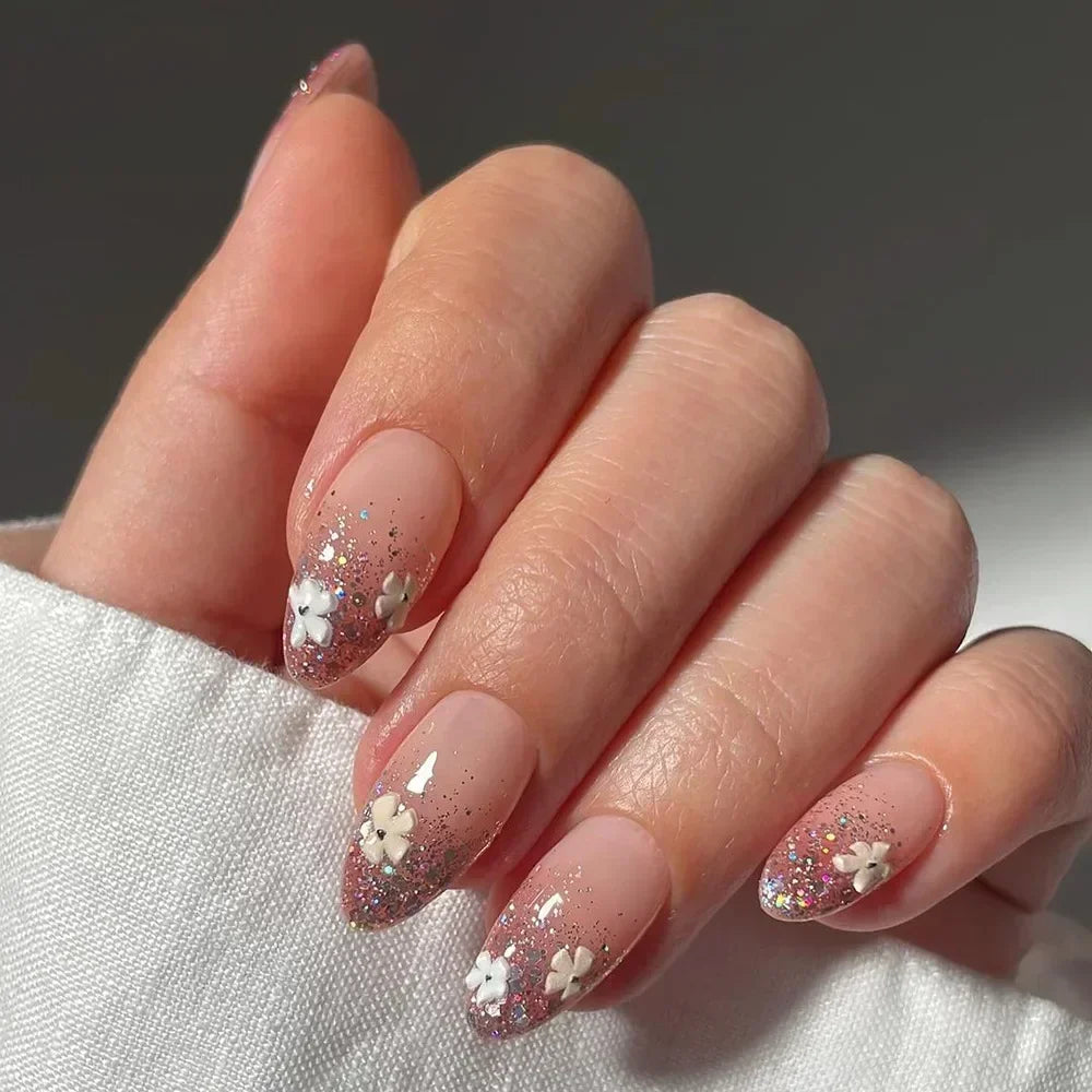 24Pcs Autumn Winter Matte Almond False Nails with Glue Rose Leaf Printing Nail Art Simple Full Cover Press on Acrylic Nails Tips
