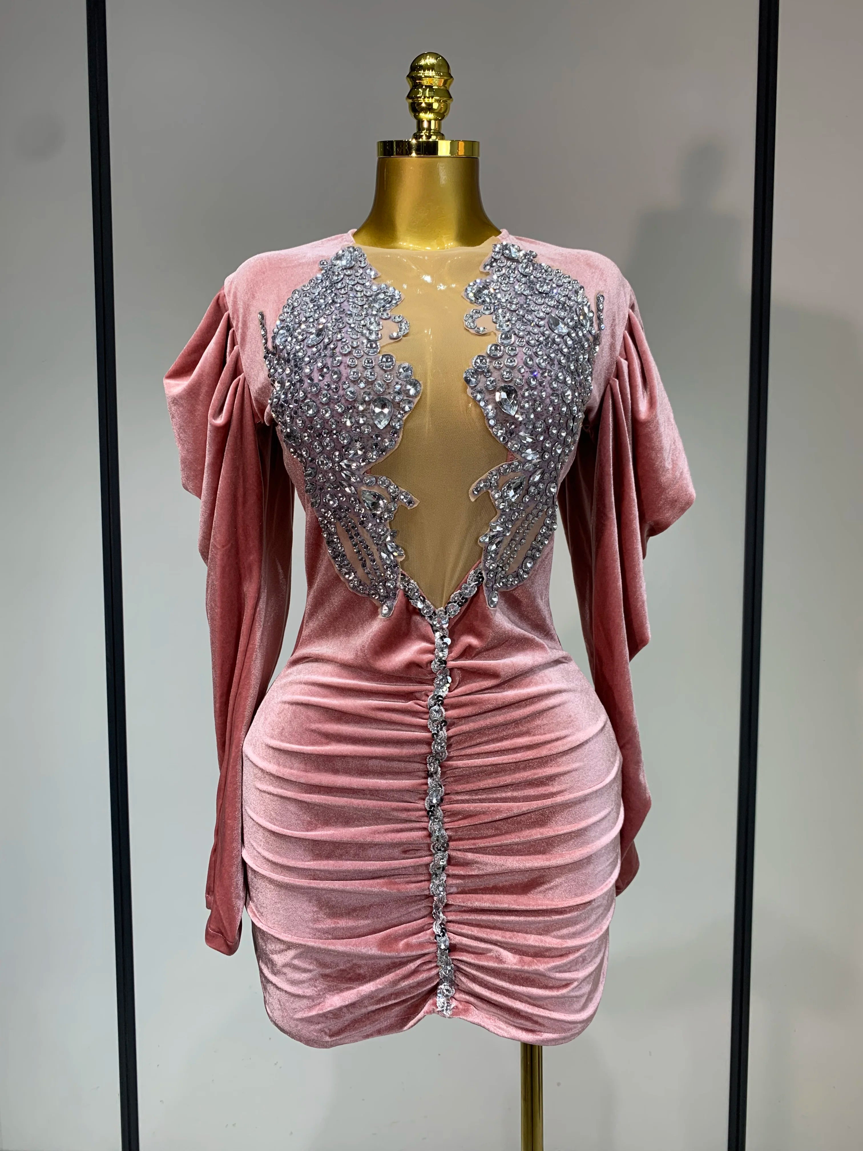 Sparkly Crystals Sexy Mesh Velvet Mini Dress 2025 Women White Elegant Evening Party Luxury Birthday Nightclub Stage Costume