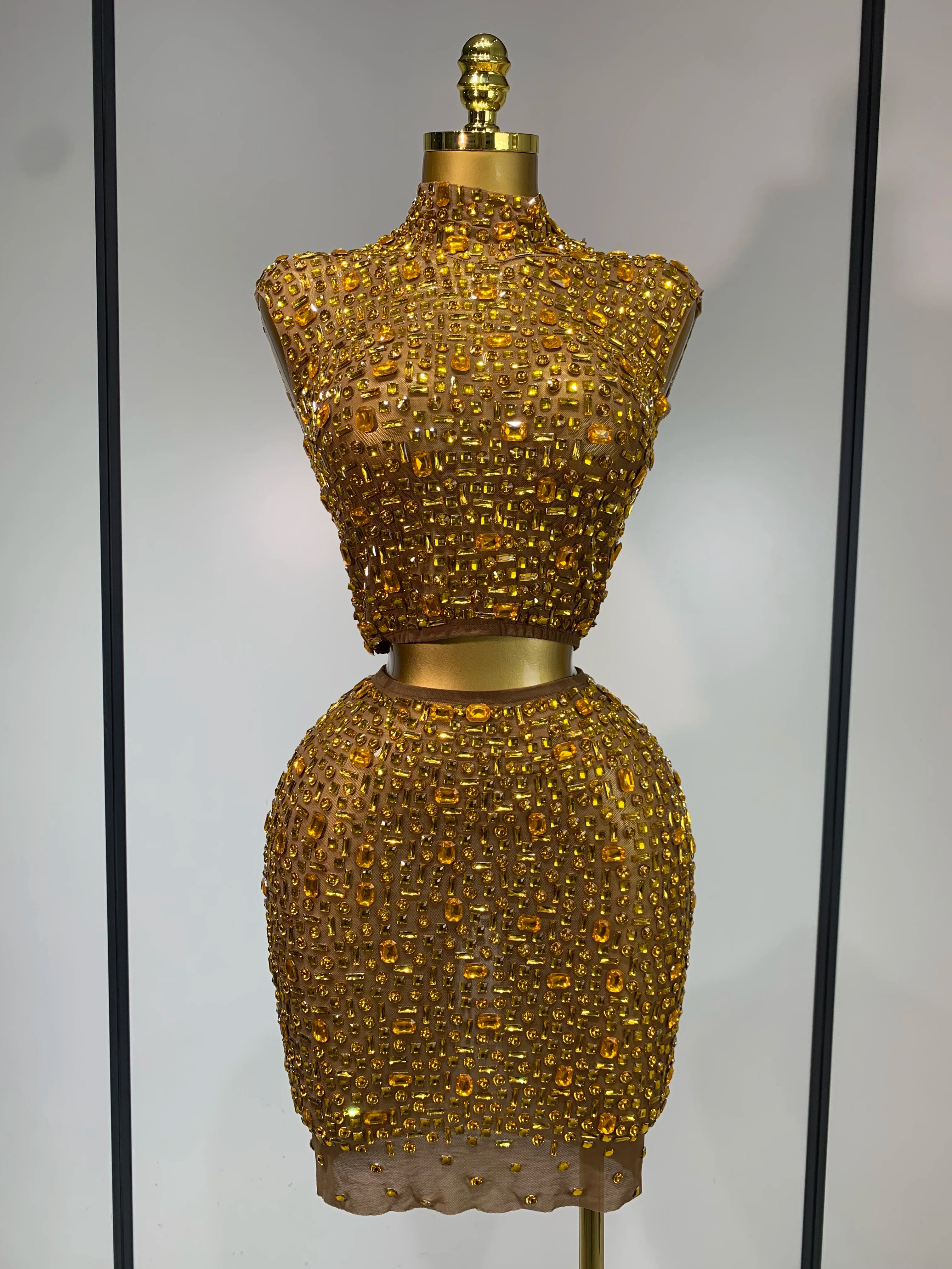 Sexy Sparkly Crystal Diamonds Mesh See Through Two Piece Set Women Elegant Evening Party Costume Singer Stage Performance Outfit