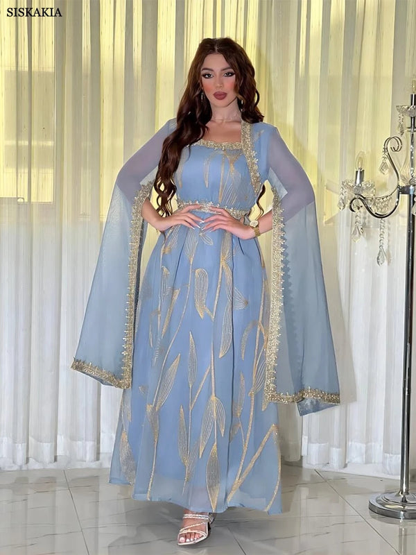 Dubai Abayas For Women Turkish Fashion Belted Kaftan Outfits Jalabiya Evening Gown Ramadan Eid Muslim Femme Floral Gold Stamping