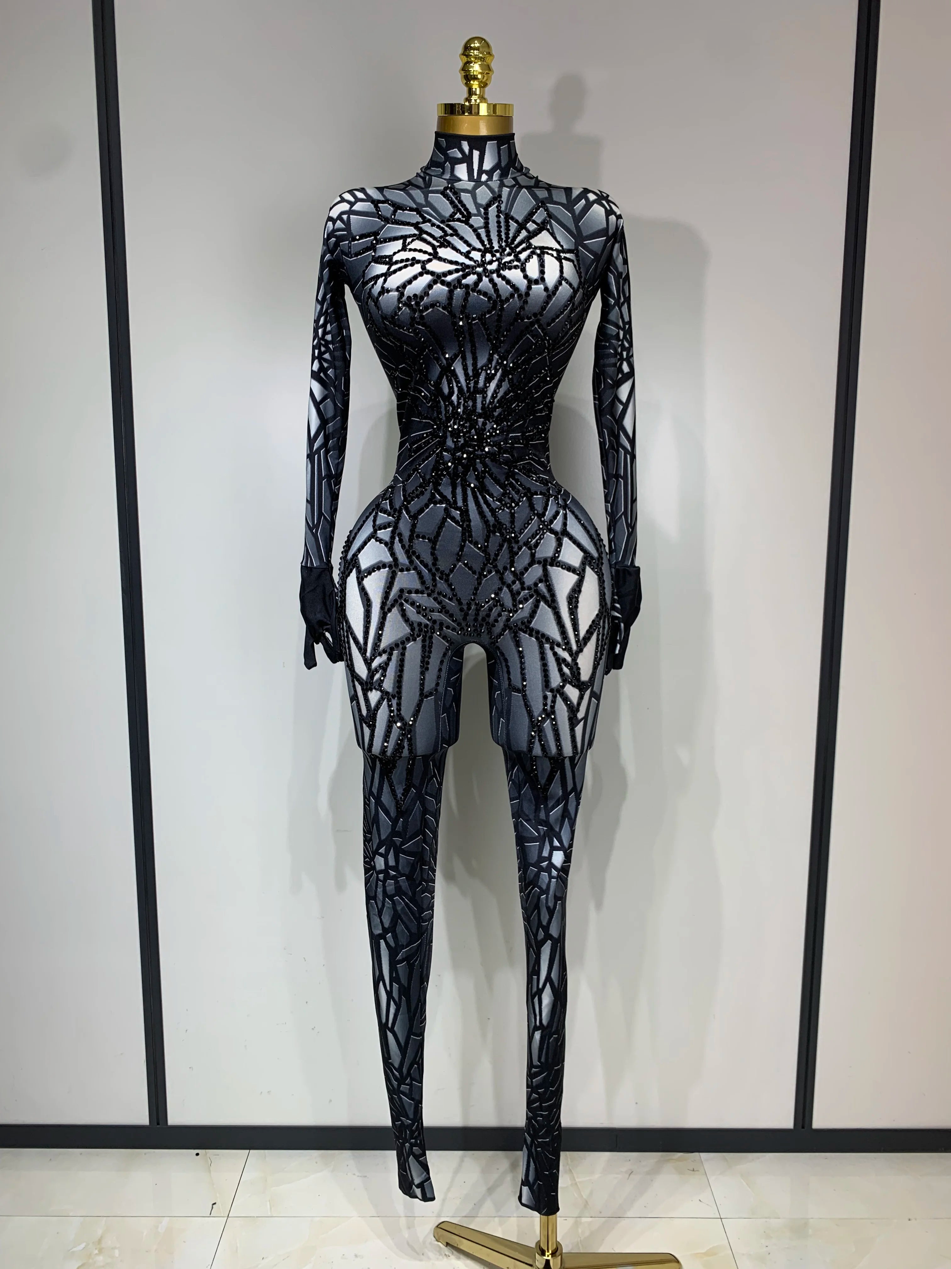 Women Sexy Stretch Glitter Rhinestones Bodycon Jumpsuit Dance Bodysuit Party Singer Stage Wear Birthday Drag Queen Costumes