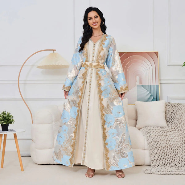 Moroccan Caftan 2 Pieces Set Muslim Dubai Abaya Kaftan For Wedding Women's 2023 New Flower Pattern Museum Long Dress Clothing