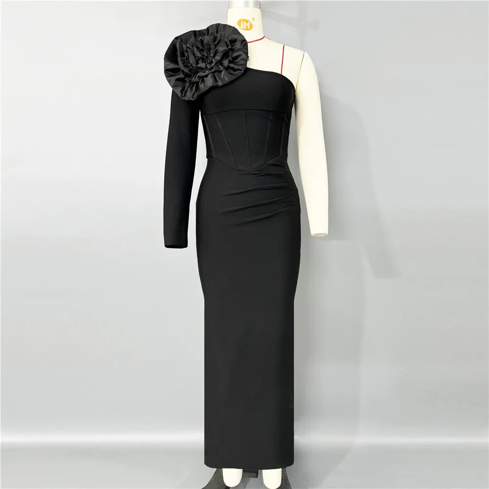 Black Red Women Sexy One Shoulder Big Florals Bodycon Long Bandage Dress Fashion Celebrate Nightclub Party Cocktail Dress