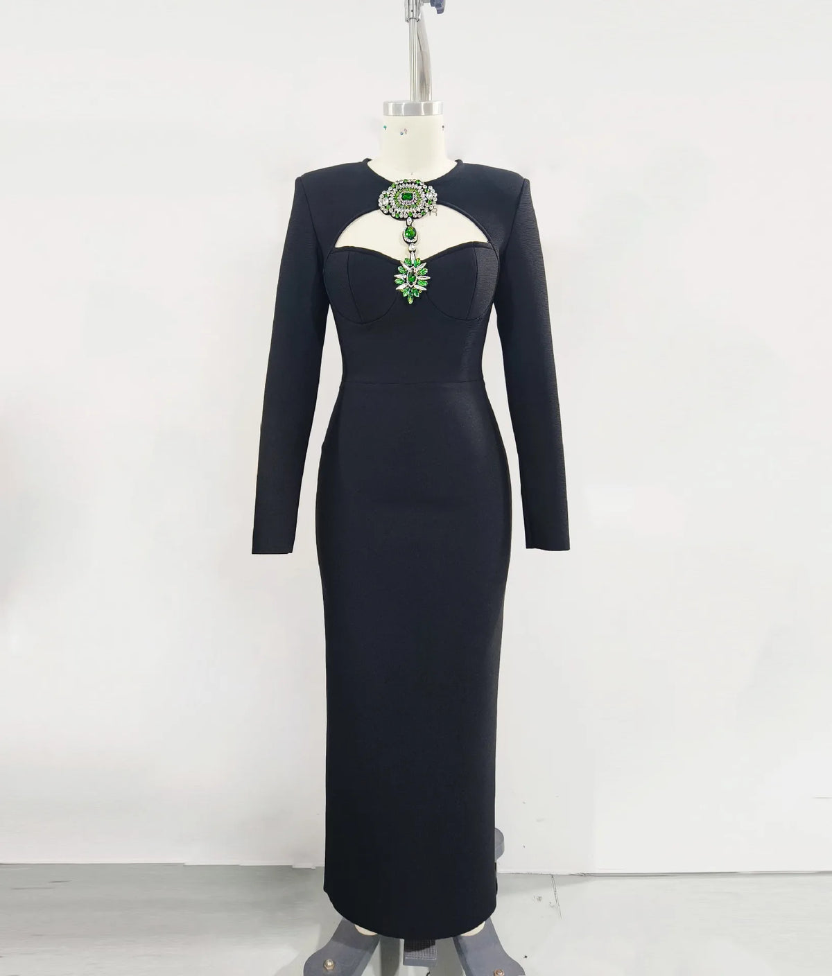 Top Quality Women Long Sleeve Shinning Crystal Keyholes Bodycon Bandage Long Dress Elegant Evening Party Celebrate Outfit