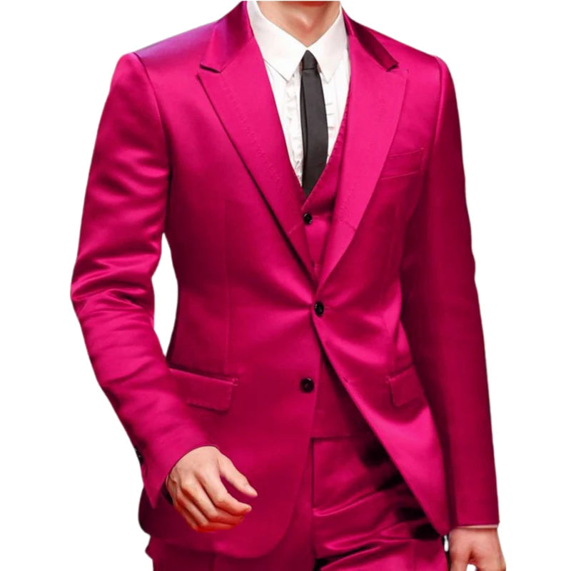 Slim Fit Red Men Suits for Prom Singer Stage 3 Piece Satin Wedding Groom Tuxedo Male Fashion Jacket Waistcoat with Pants 2023 Hot Pink