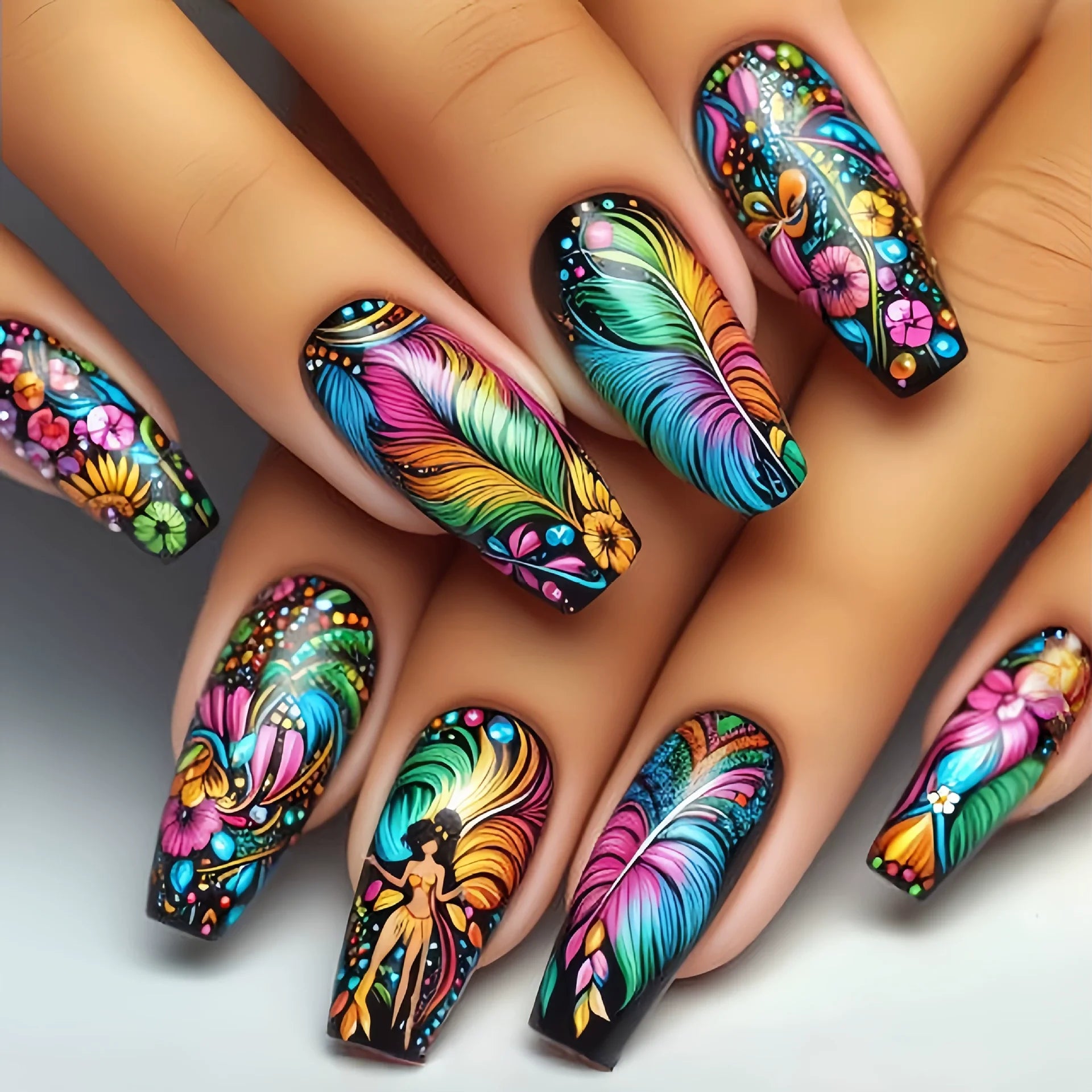24Pcs Ladder-shaped Ballet Fake Nail Wearable French Colorful Stripe Press on Nails with Jelly Glue Art Fashion Acrylic Manicure