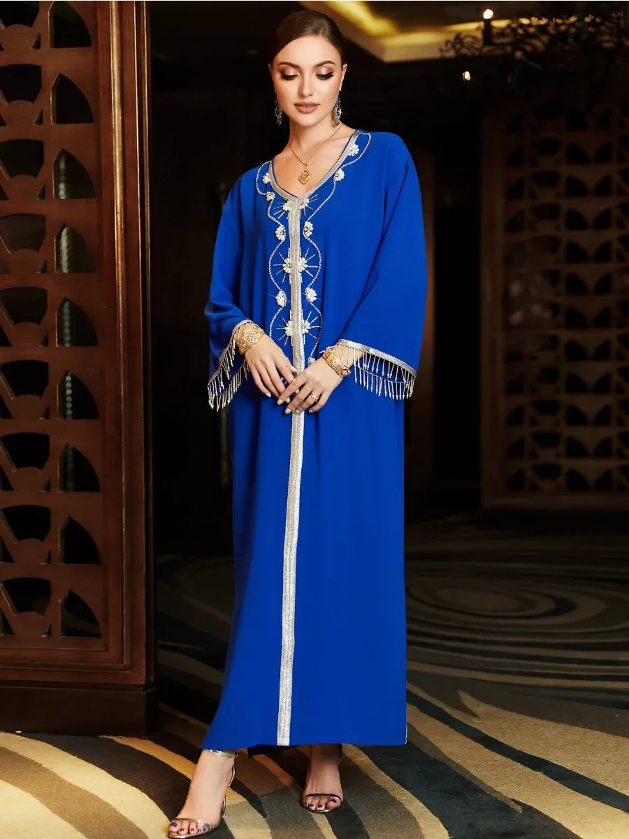 Muslim Dress 2023 Pure Handwork Rhinestone Beaded Chic Tassel Full Sleeve V-Neck Abayas For Moroccan Women