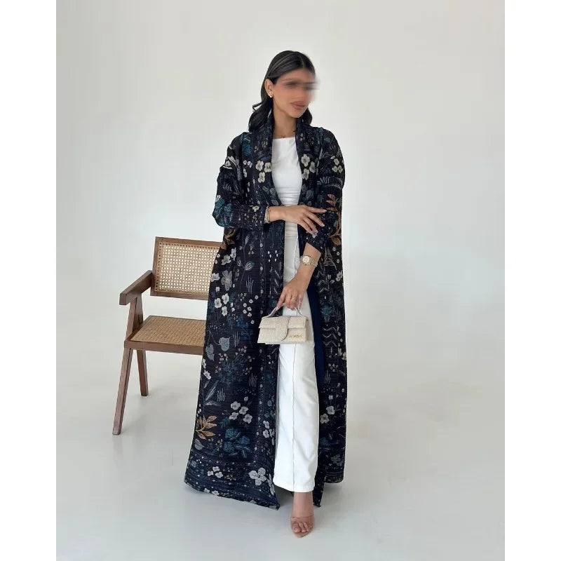 KAF Pleated Women Abaya 2025 Spring Fall New Fashion Retro Printed Cardigan Design Loose Large Size Arab Luxury Robe Female