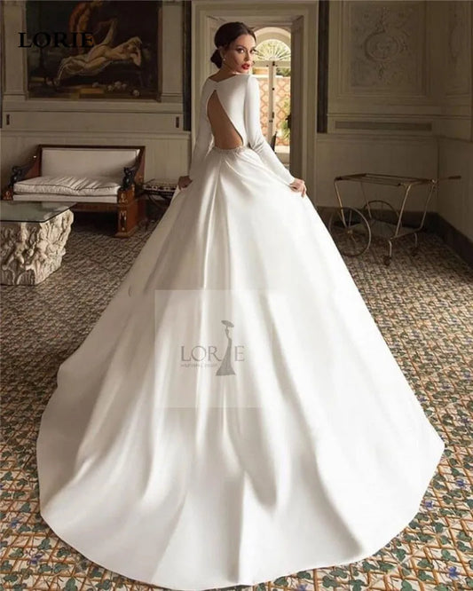 LORIE Satin Wedding Dresses A Line Long Sleeve Muslim Style Bride Dress Elegant Classic Modest Bride Wedding Gowns