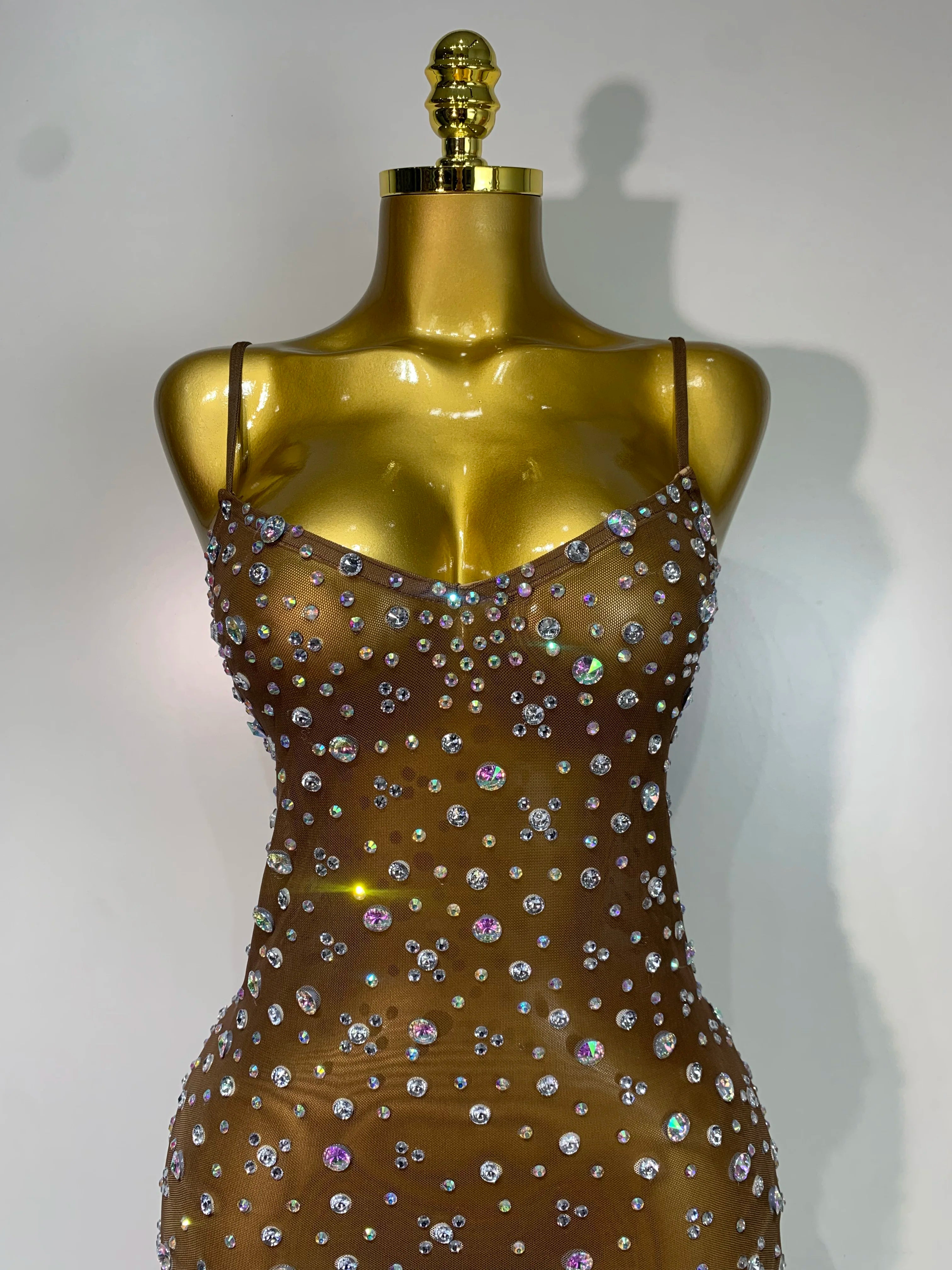 Sparkly Rhinestone Stretchy Mesh See Through Dress Women 2025 Performance Dancer Costume Luxury Birthday Nightclub Stage Outfit