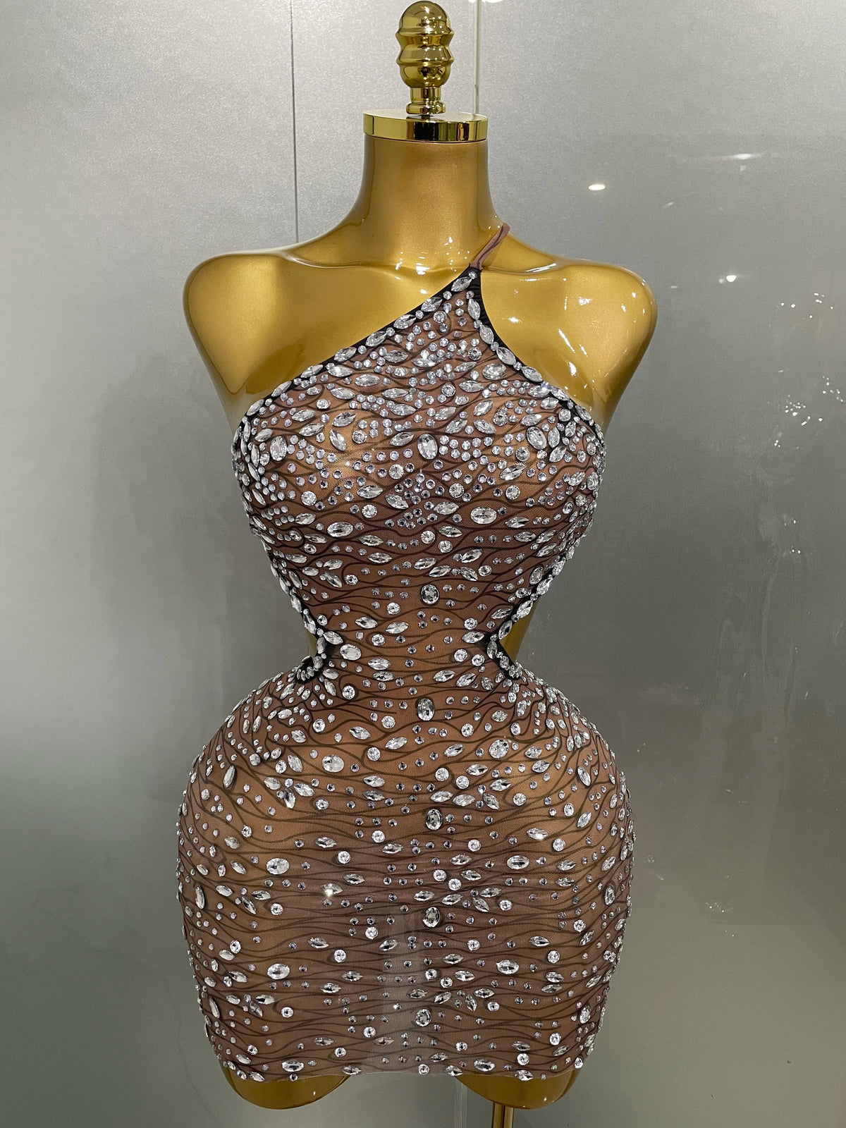 2025 New Sexy Shiny Diamond Hollow Out Backless Short Dress Women Evening Celebrate Prom Birthday Party Nightclub Stage Costume