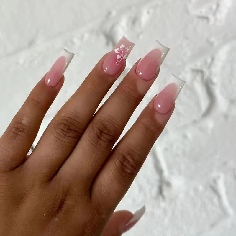 24Pcs Blush Pink False Nails White Flower Printed Short Round Head Press on Nails Sweet French Style Charms Manicure for Women