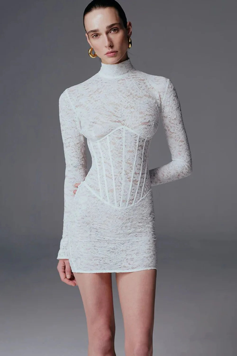 White Lace Long Sleeve Sexy Bodycon Mini Dress Celebrate Nightclub Party Birthday Photo Shoot Wear 2025 New Spring