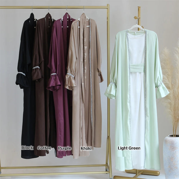 2 Piece Matching Open Abayas with Inner Dress Set Luxury Diamond Turkey Arabic Kimono Muslim for Women Dubai Islam Outfit Caftan