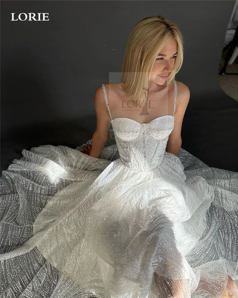 LORIE Spaghetti straps Wedding Dresses A Line Shiny Glitter Tea Length Bride Dress Sweetheart Neck Vestidos de novia