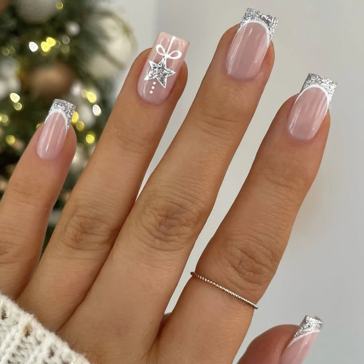 Nude Color Square Fake Nails for Christmas Party Silver French Press On Nails Star/Bowknot Designs Reusable False Nails Patches
