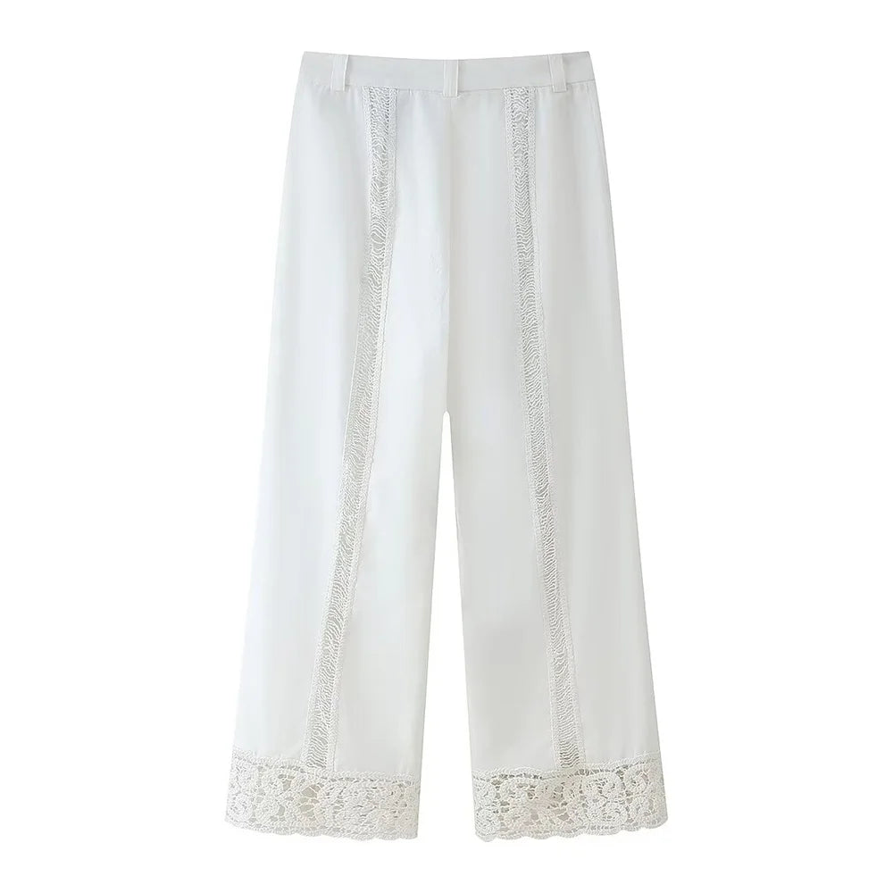 PB&ZA 2025 Women White Long Sleeve Blouse and Wide Leg Pants Set with Lace Trim Elegant Design for Sale on AliExpress