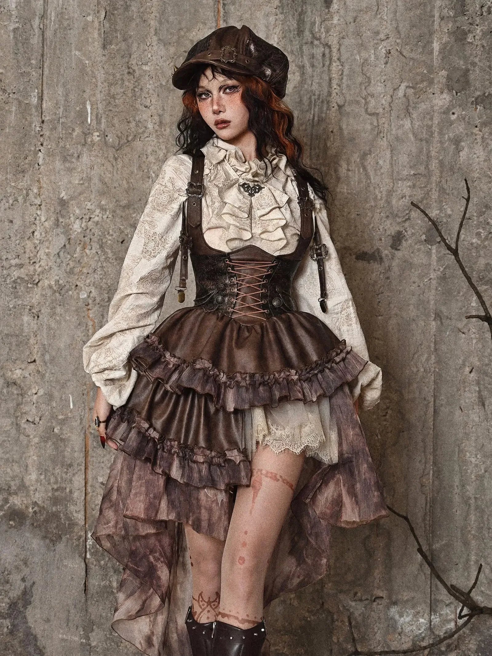 Original Punk Asymmetrical PU Chest Plate Strap Trailing Dresses Long Sleeve Shirt Dress Sets Autumn New Gothic Girls Outfits