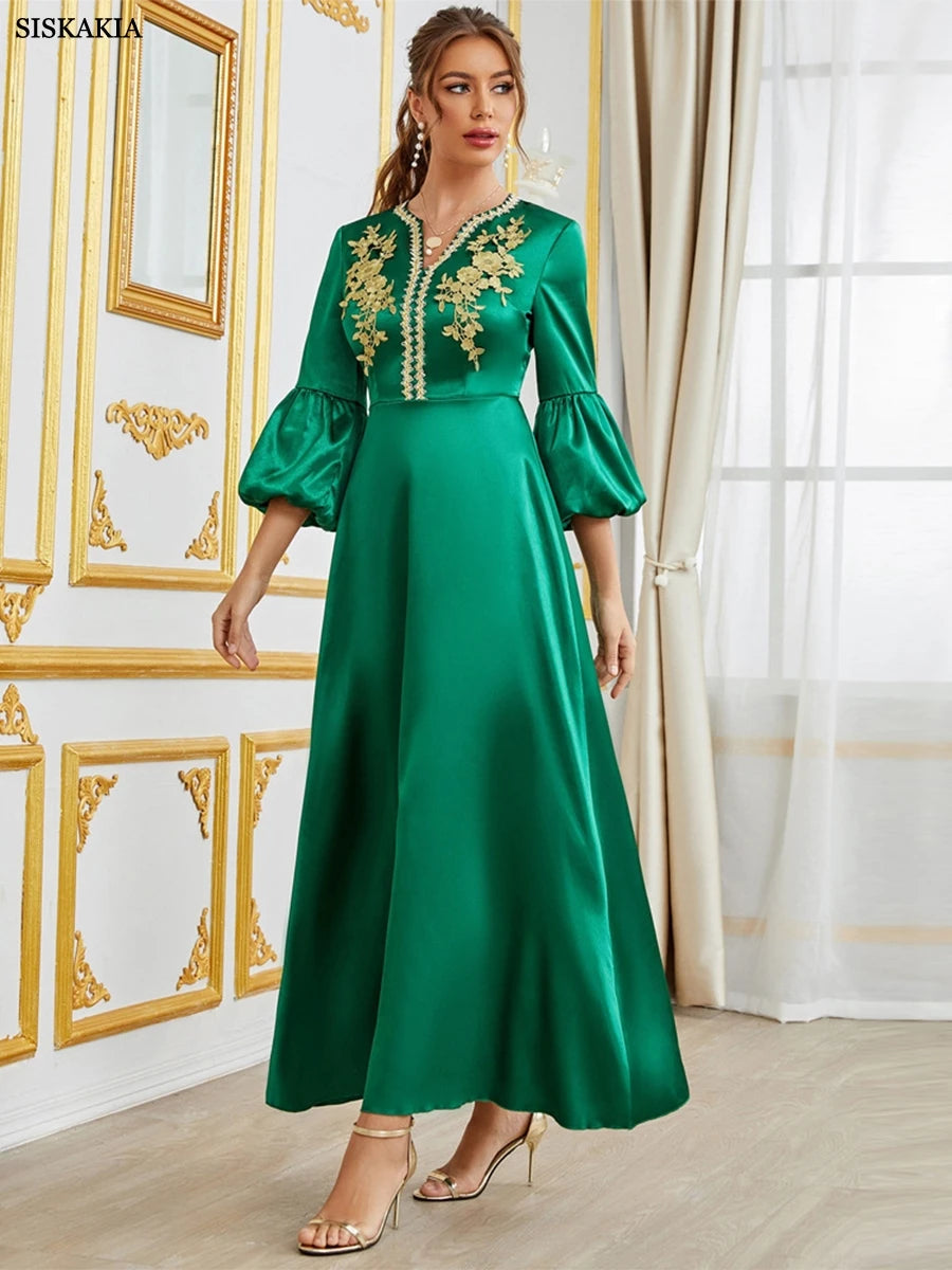 Fashion Satin Puff Sleeve Printing Solid Evening Party Dress Djellaba Moroccan Caftan For Women Elegant Islamic Outfits