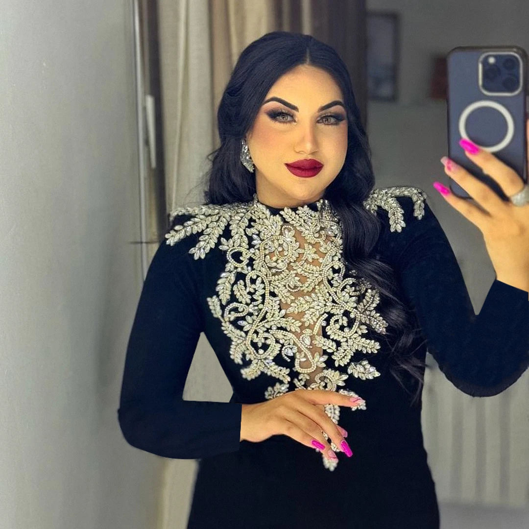 Top Quality Sparkly Crystal Women Long Sleeve Sexy O-Neck Bodycon Long Bandage Dress Celebrate Elegant Evening Party Outfit