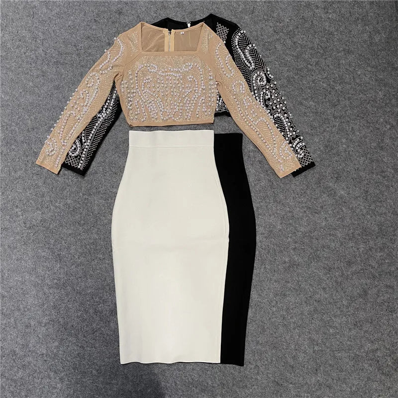 Women Autumn Sexy Diamonds Beading Mesh Crystal Long Sleeve Two Pieces Rayon Bandage Sets Ladies White Designer High Street Sets