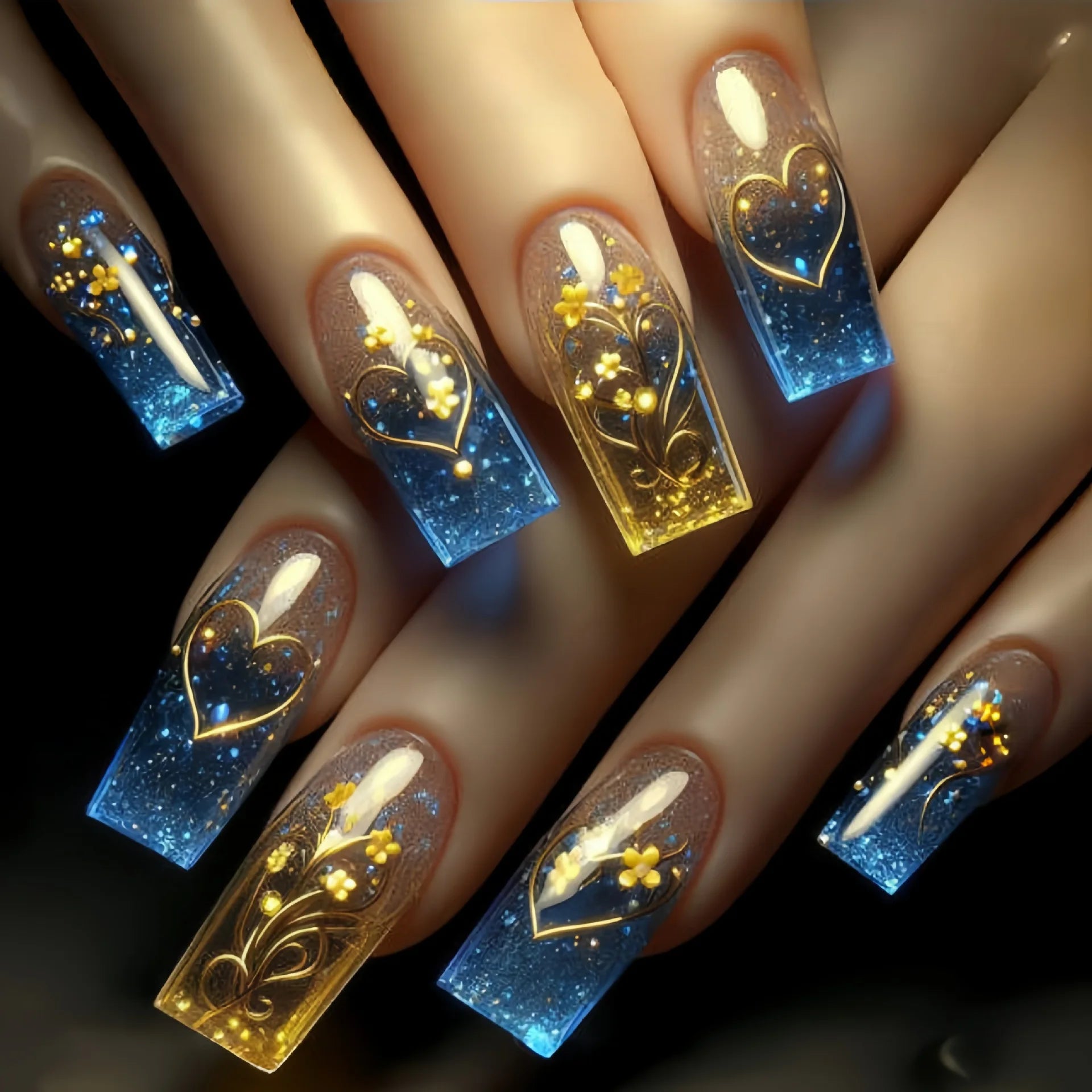 24Pcs Wearing Fake Nails with Gold Foil Glitter Rose Flowers French Ballet Acrylic Nail Set Removable Elegant Finished Manicure