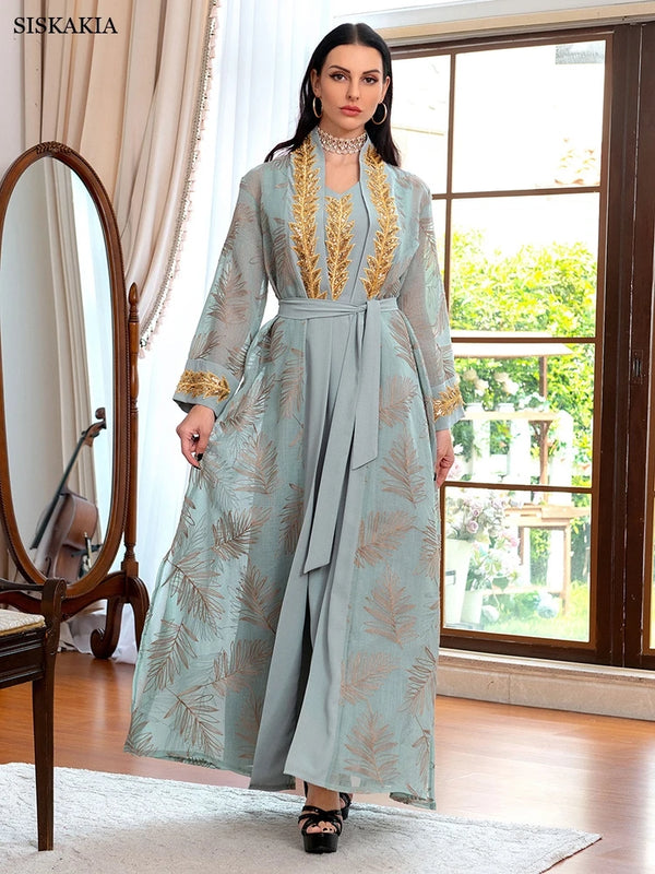 Sequined Embroidery Dubai Abaya Muslim Sets Belted Kaftan Party Robe Femme Musulmane Caftan Marocain Women's Jalabiya Ramadan