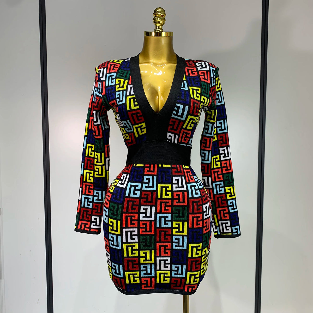 Women Long Sleeve V-Neck Bodycon Jacquard Short Bandage Dress 2025 Elegant Evening Luxury Birthday Party Cocktail Outfit