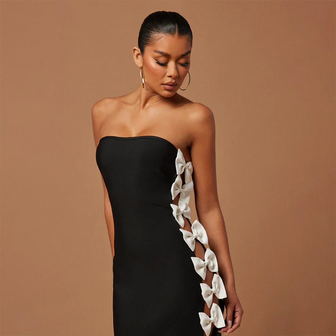 High Quality Women Sexy Strapless Side Bow Bodycon Mini Bandage Dress Fashion Celebrate Evening Party Red Carpet Dress Vestido