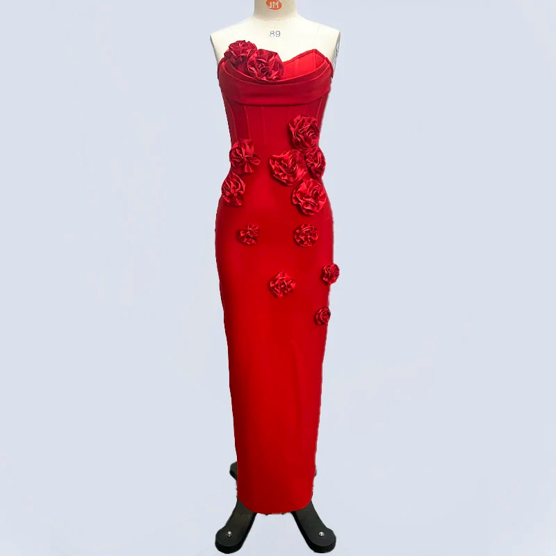 Pink Red Color Women Sexy Strapless Off the Shoulder Florals Bodycon Long Bandage Dress Celebrate Fashion Evening Party Outfit