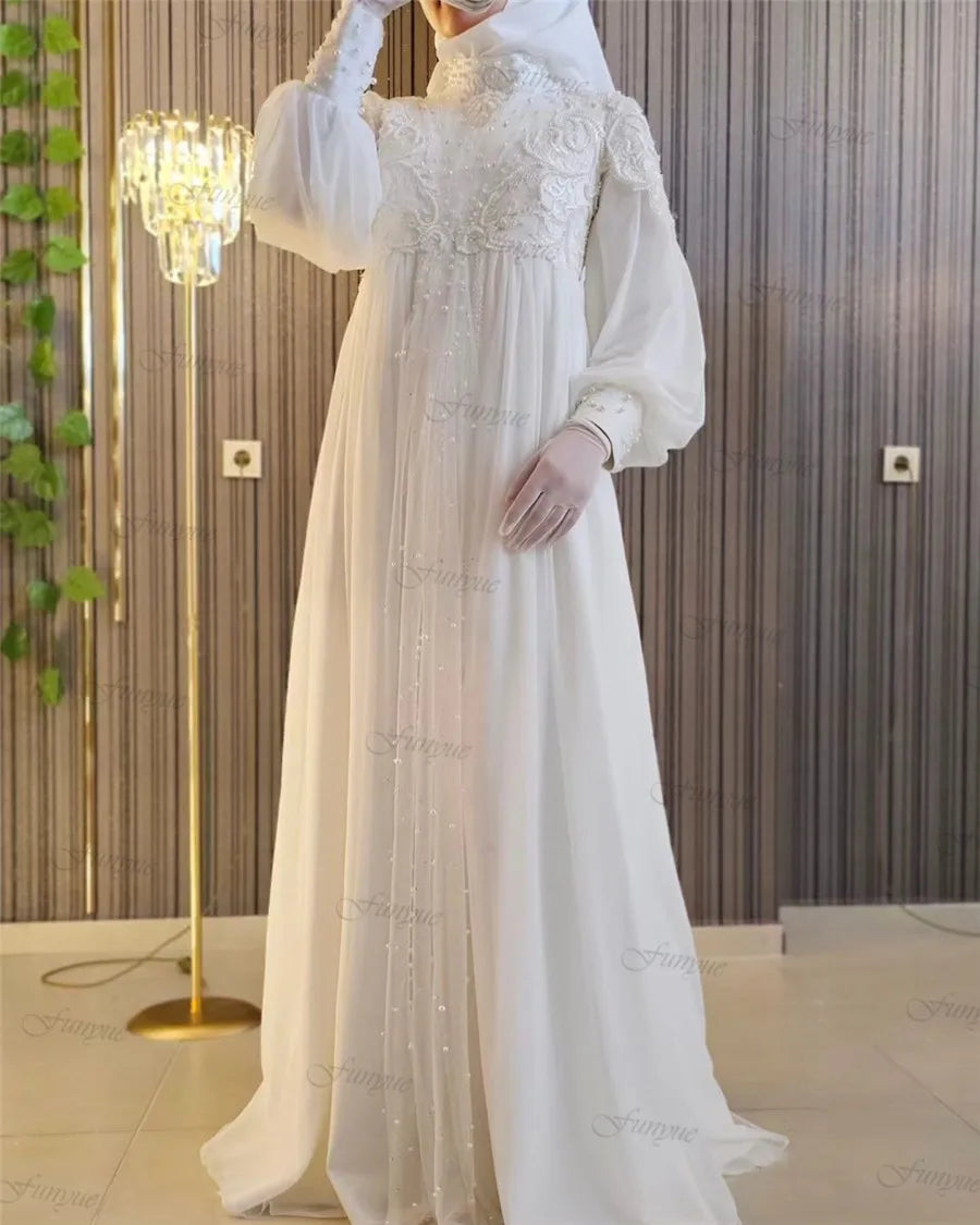 Vestidos De Novia Dubai Muslim Hijab Wedding Dress for Bride Long Sleeve France Lace Pearls Beaded Bespoke Bridal Gowns